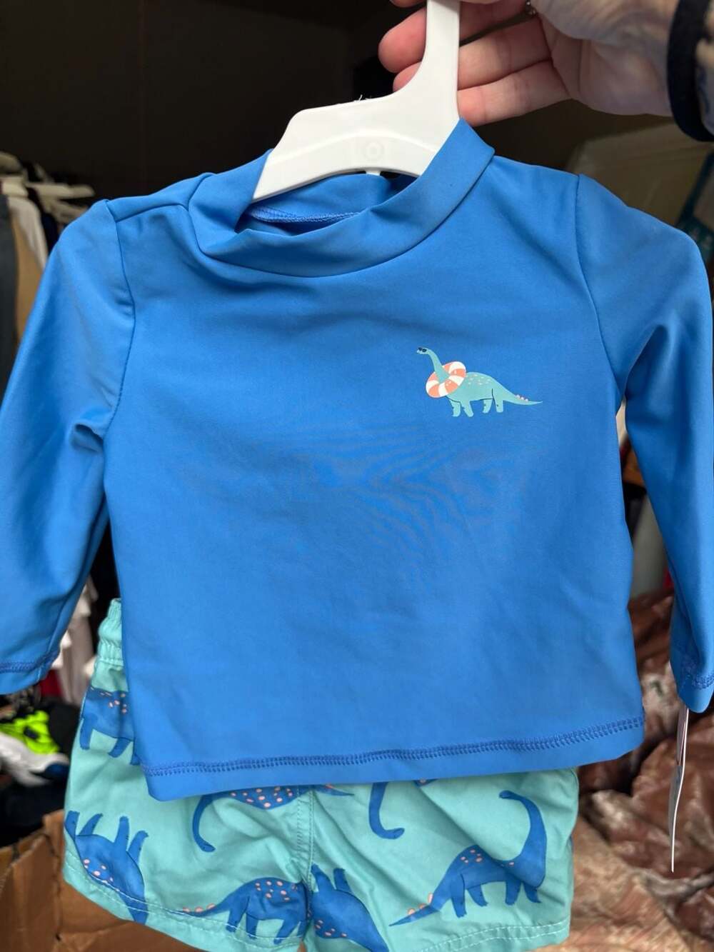 Carter's 2-Piece Dinosaur Swim Set Blue Long Sleeve Rash Guard Top and Shorts 6M